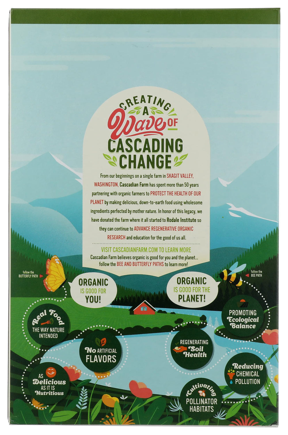 Cascadian Farm Cinnamon Crunch Cereal ingredients closeup emphasizes organic whole grain.