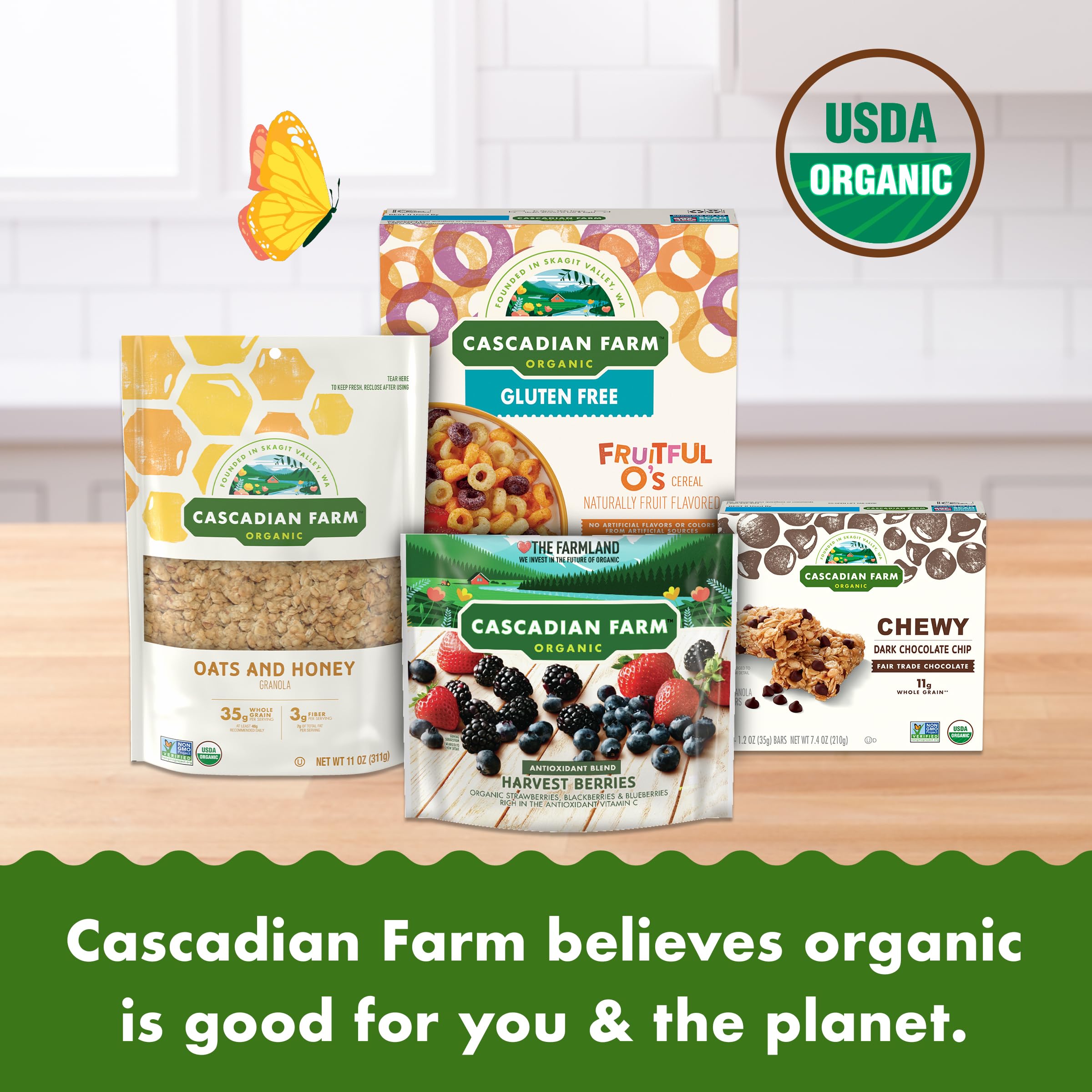 Cascadian Farm Cinnamon Crunch Cereal serving outdoors suggests easy snacks on busy days.