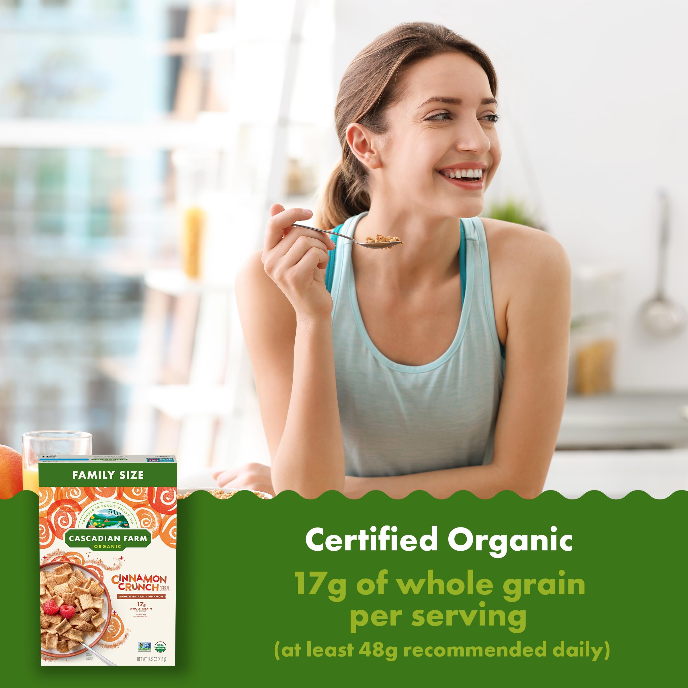 Cascadian Farm Cinnamon Crunch Cereal serving highlights quick on-the-go snacking.