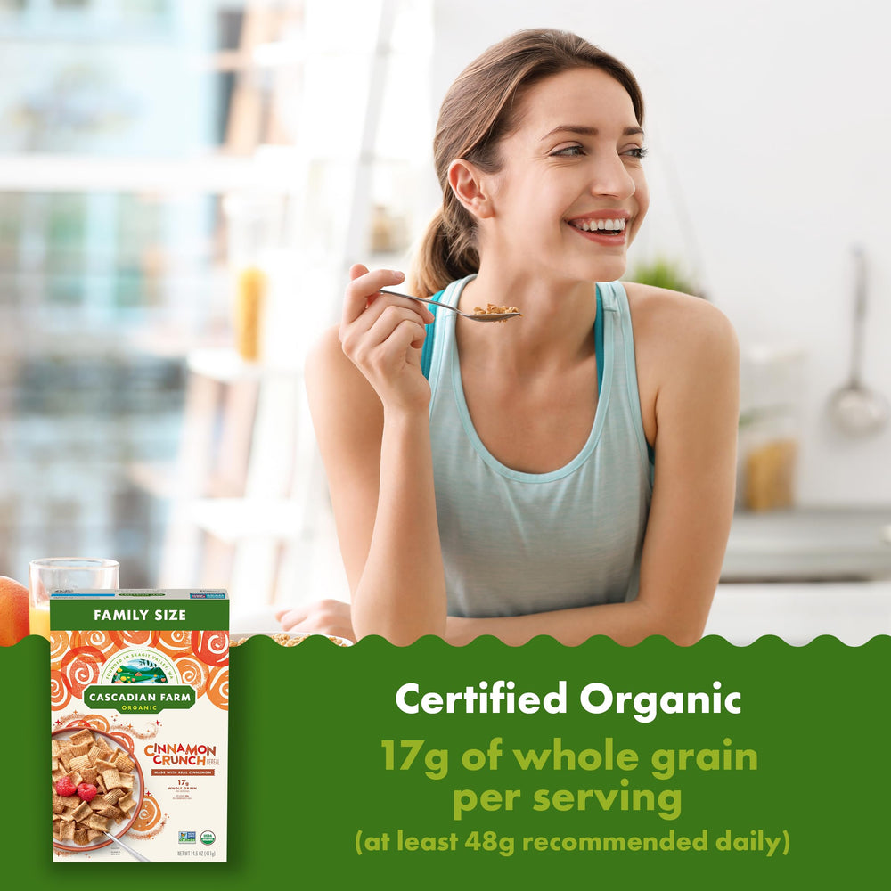 Cascadian Farm Cinnamon Crunch Cereal serving highlights quick on-the-go snacking.