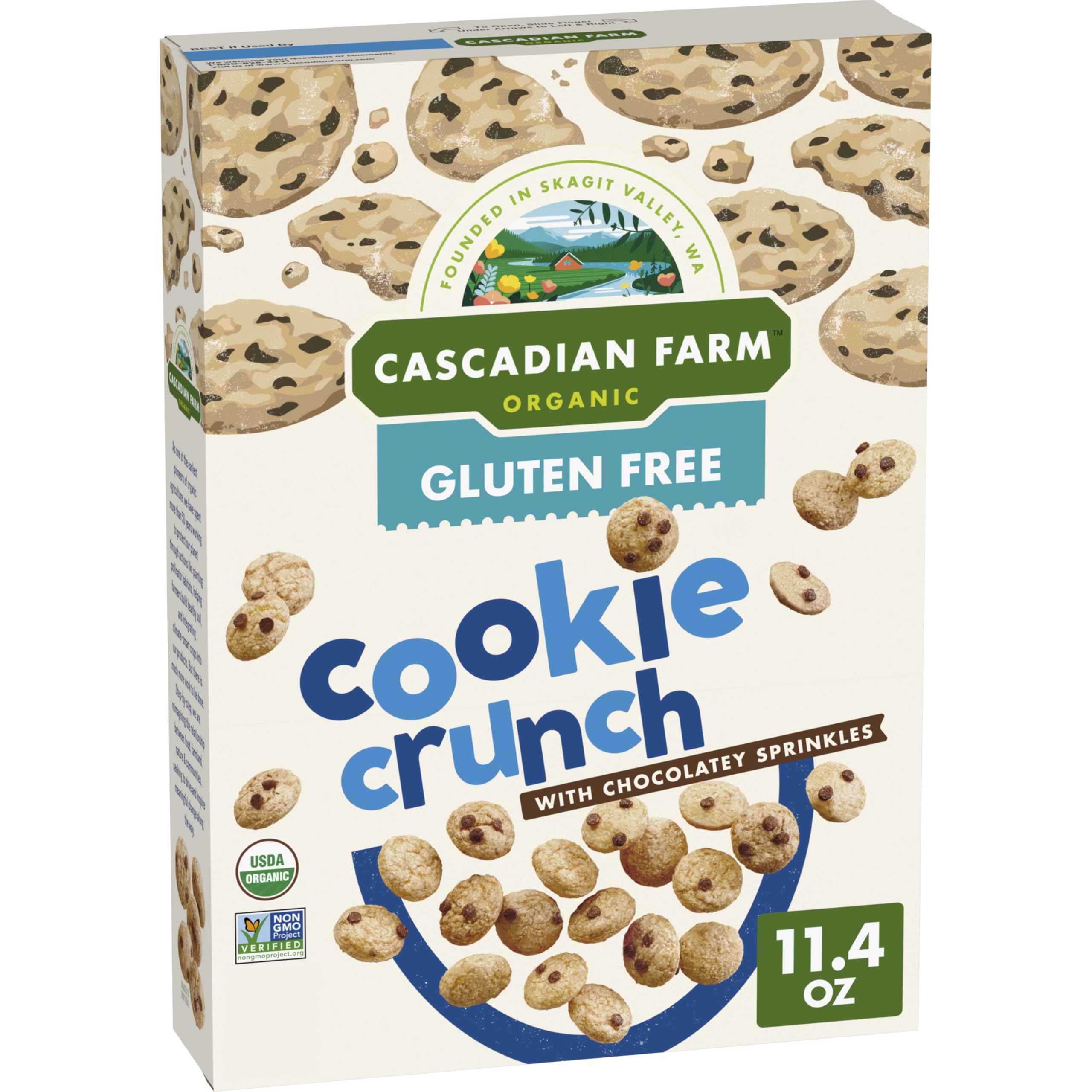 Cascadian Farm Cookie Crunch Cereal box shows organic gluten-free breakfast option