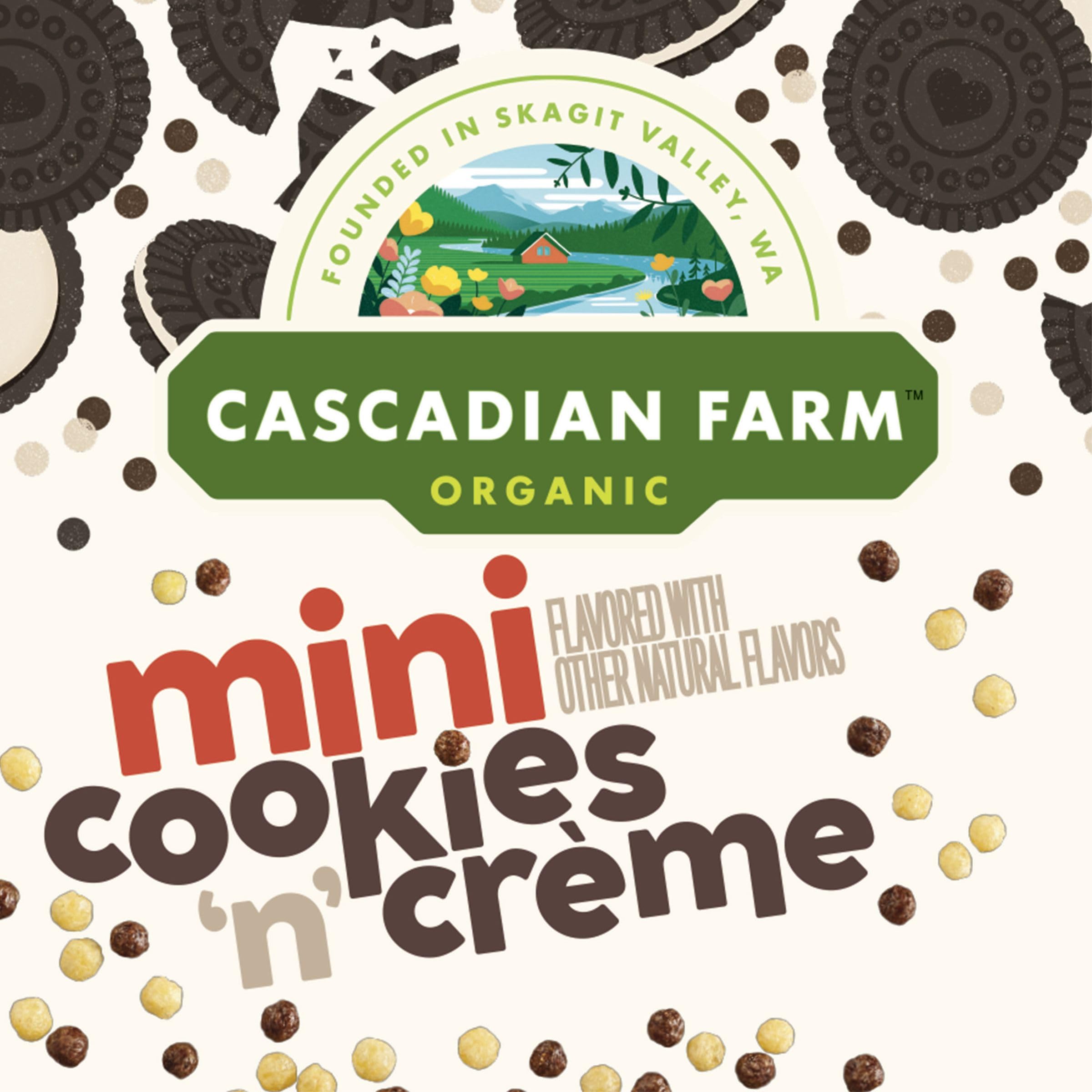 Cascadian Farm Cookies 'n' Creme cereal close-up of crisp mini-puffs