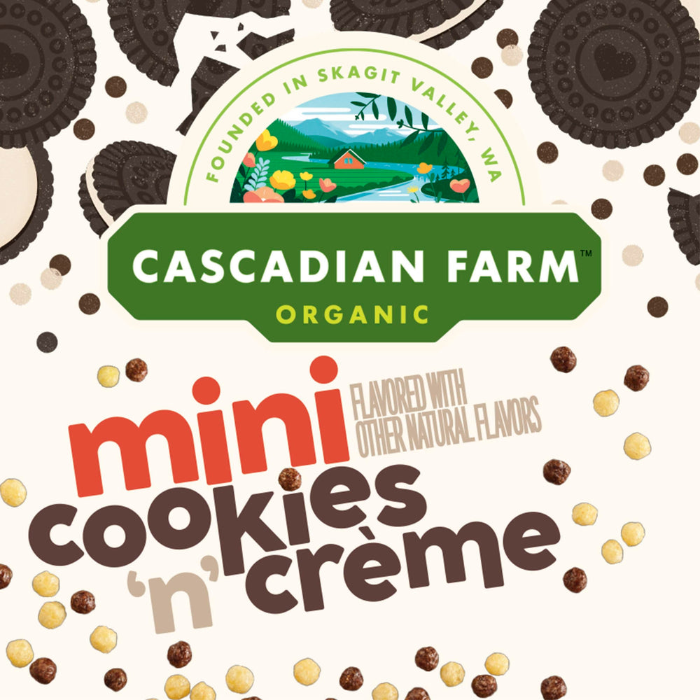 Cascadian Farm Cookies 'n' Creme cereal close-up of crisp mini-puffs
