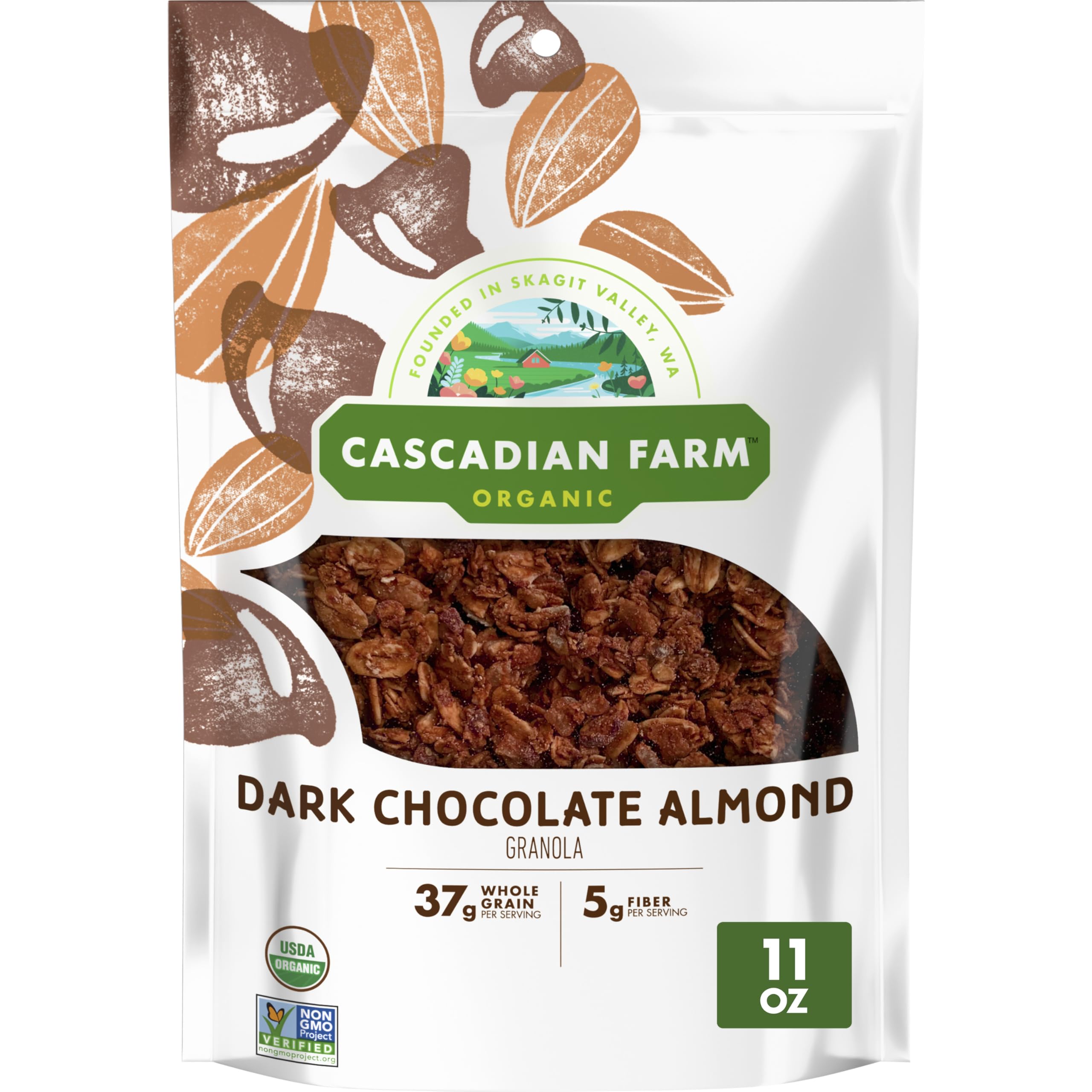 Cascadian Farm dark chocolate almond granola bag for quick snacking