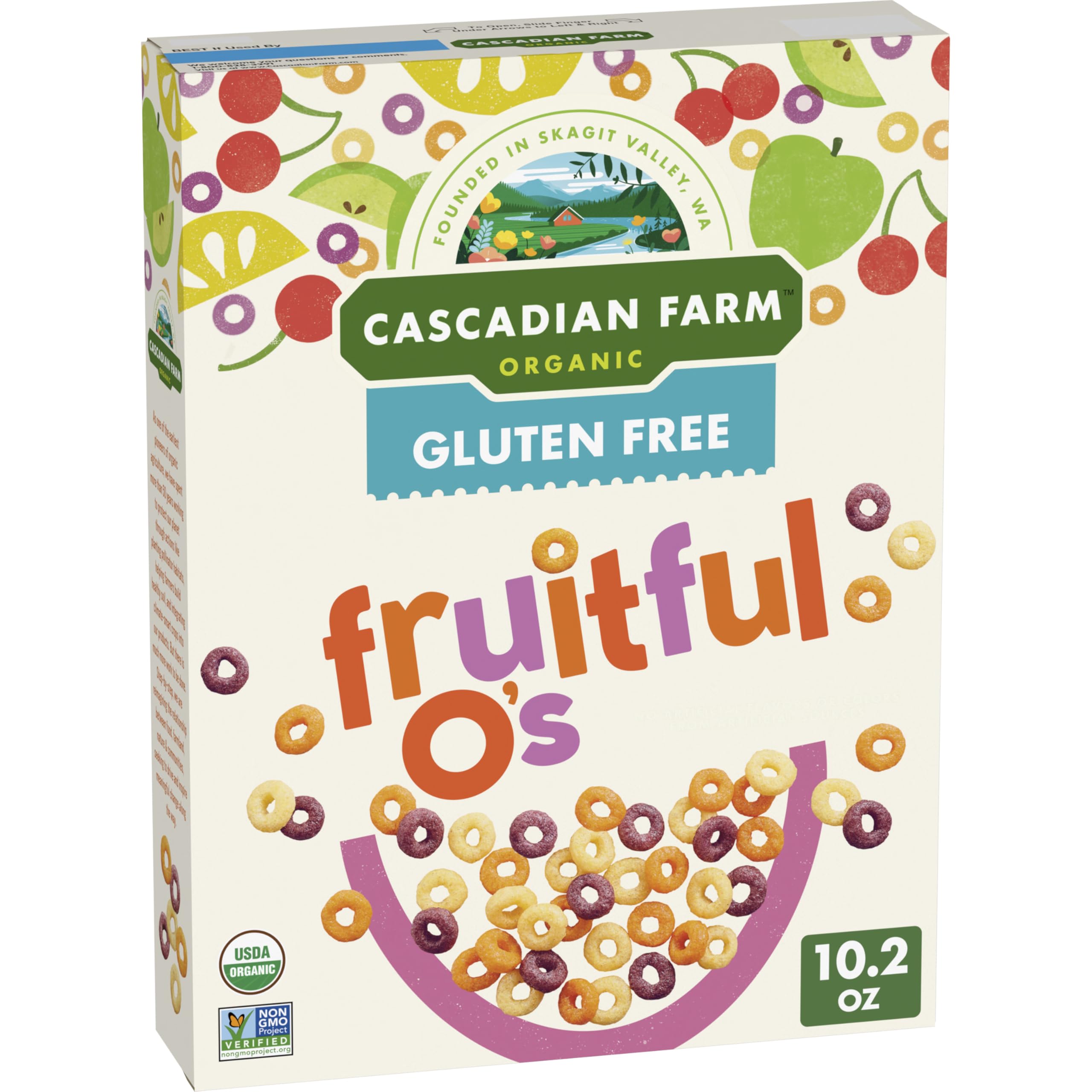 Cascadian Farm Fruitful O's in a bowl for a fruity, crunchy breakfast.