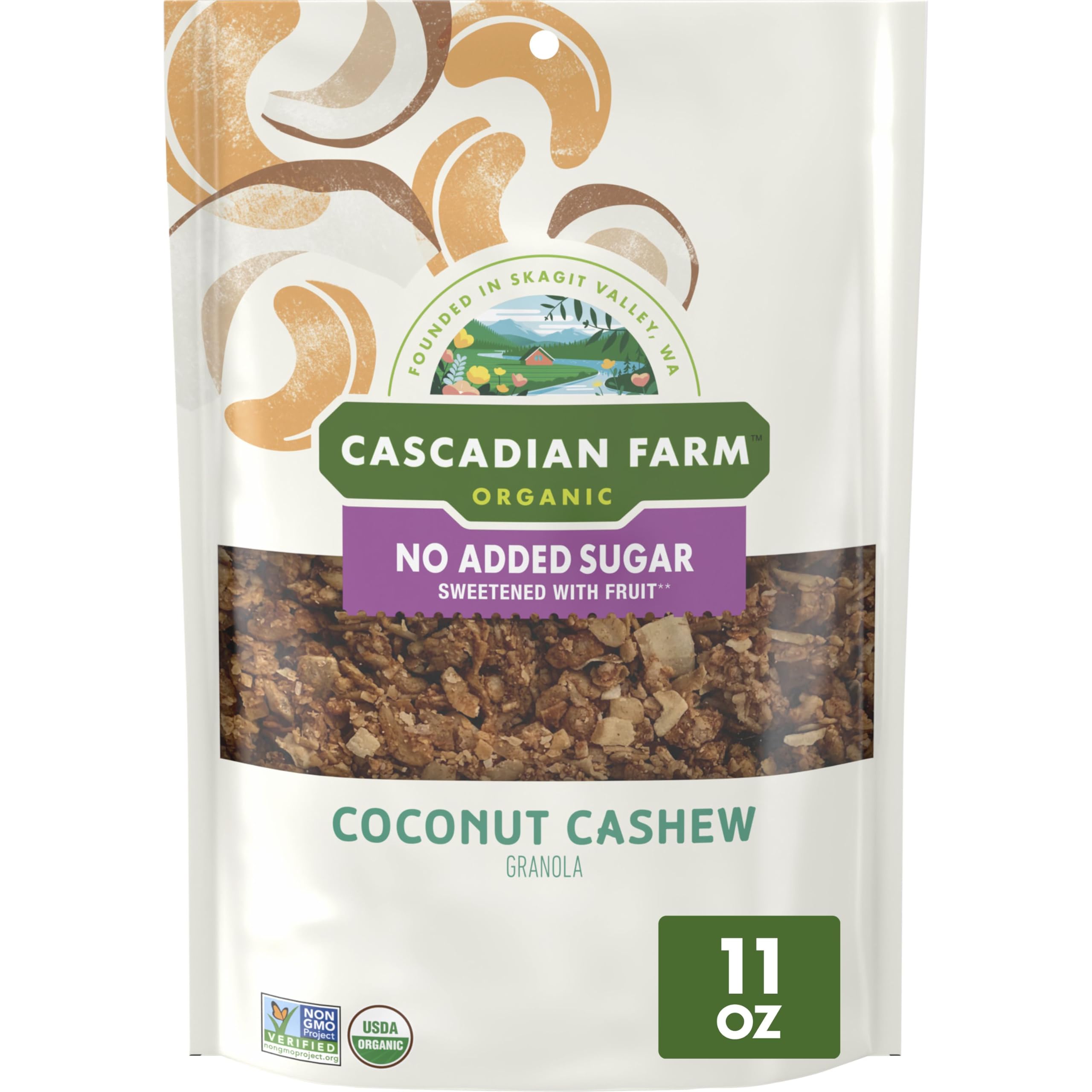 Cascadian Farm granola coconut cashew in resealable pouch for fresh mornings