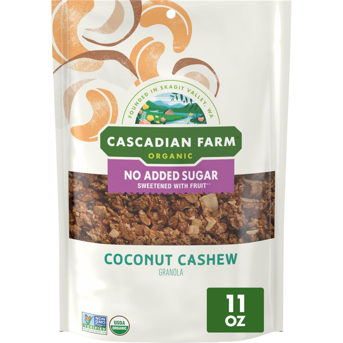 Cascadian Farm granola coconut cashew in resealable pouch for fresh mornings