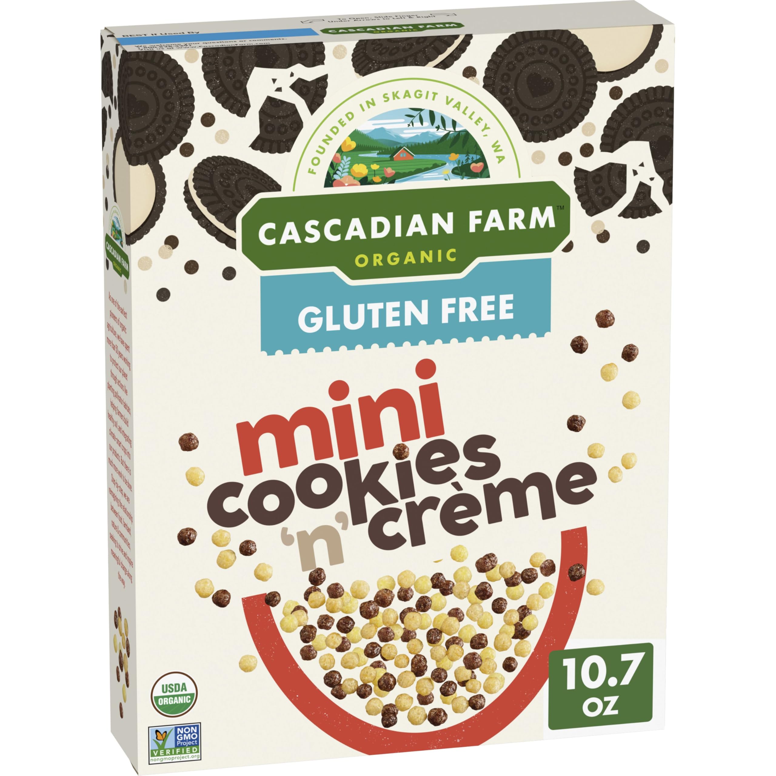 Cascadian Farm mini Cookies 'n' Creme cereal puffs for gluten-free mornings