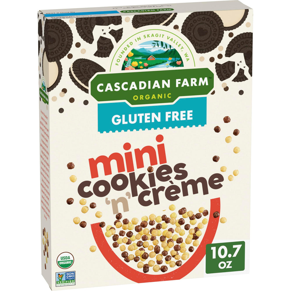 Cascadian Farm mini Cookies 'n' Creme cereal puffs for gluten-free mornings