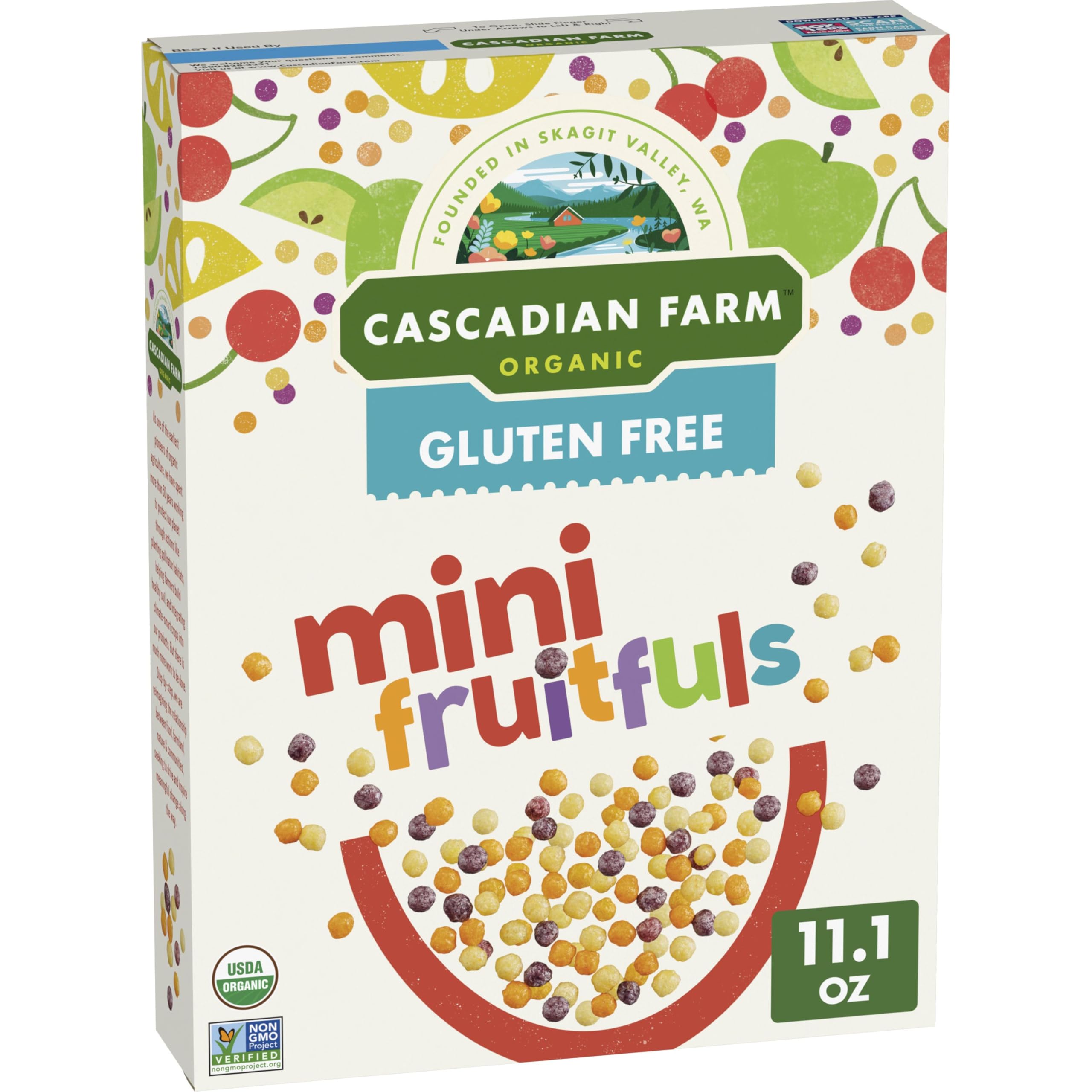 Cascadian Farm Mini Fruitfuls cereal box front, gluten-free and organic.