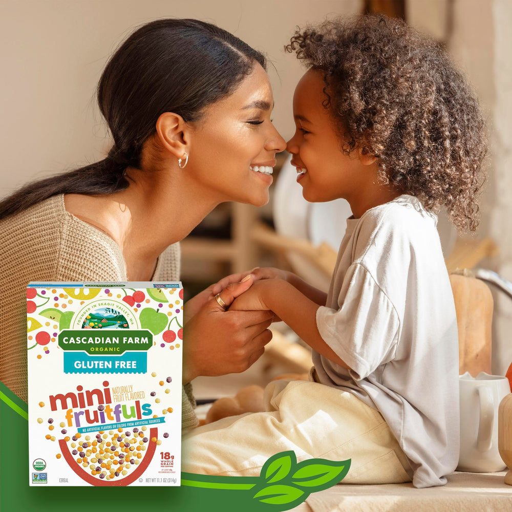 Pouring Cascadian Farm Mini Fruitfuls with milk for quick breakfast.