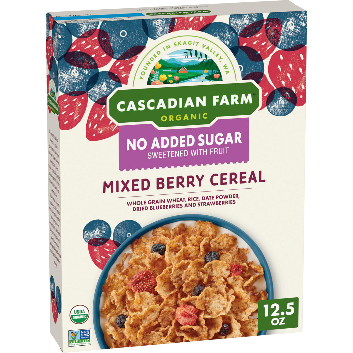 Cascadian Farm Mixed Berry Cereal bowl closeup highlights wholesome grains and berry flavors.