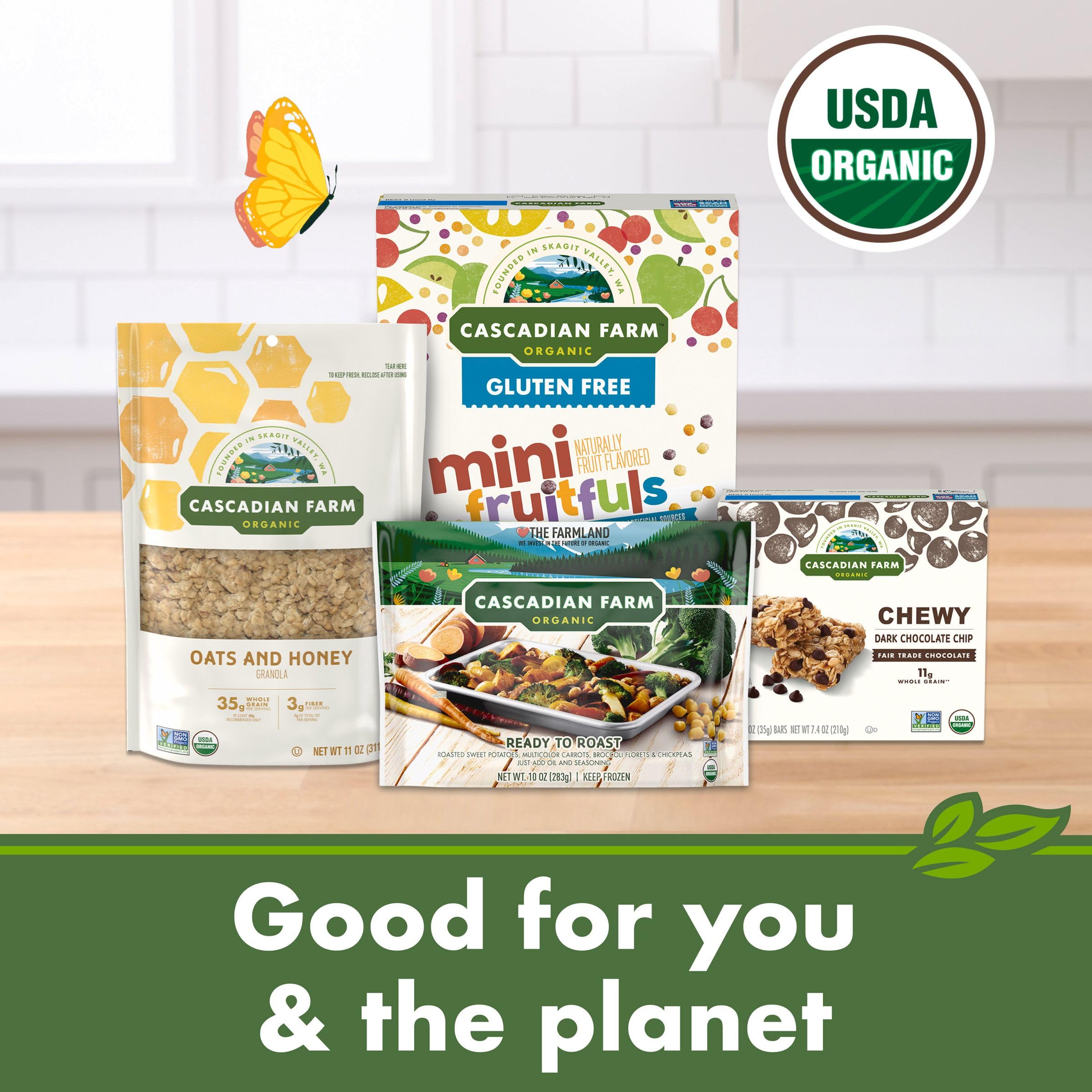 Cascadian Farm Mixed Berry Cereal box front reinforces Always Organic heritage.