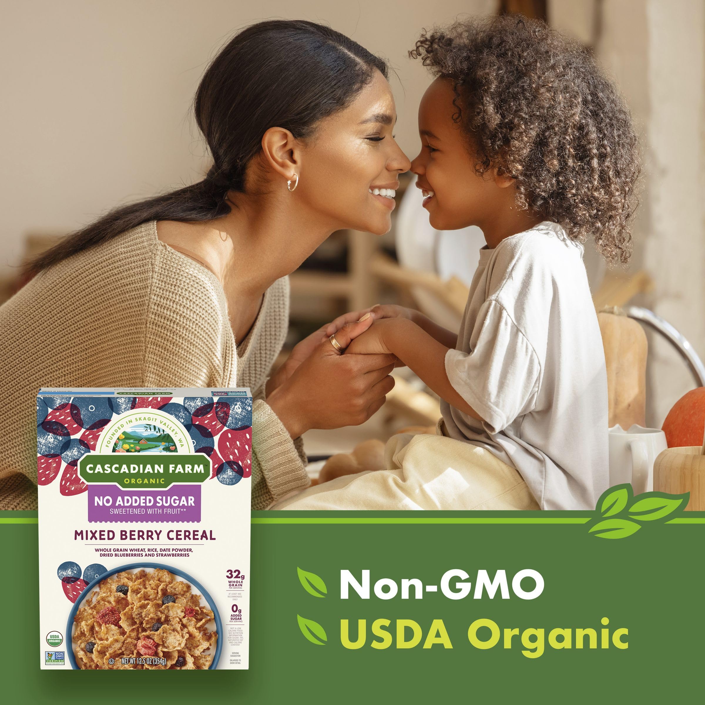 Cascadian Farm Mixed Berry Cereal crisp flakes highlight wholesome whole grains.