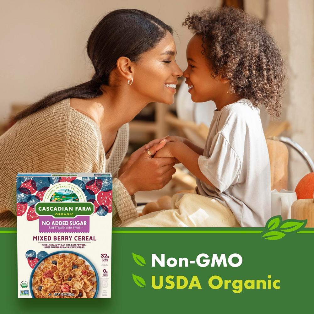 Cascadian Farm Mixed Berry Cereal crisp flakes highlight wholesome whole grains.
