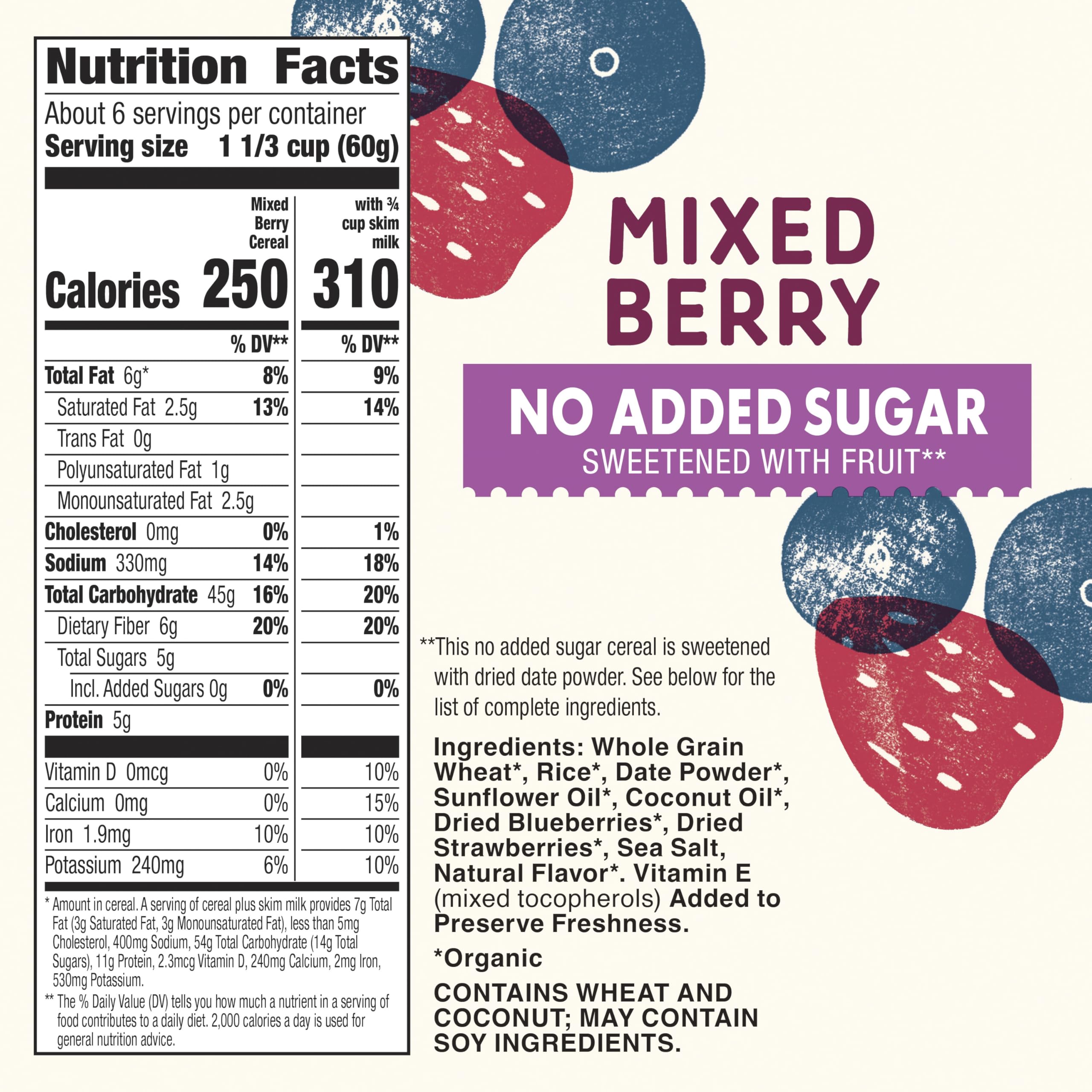 Cascadian Farm Mixed Berry Cereal with milk pour shows quick, balanced breakfast option.