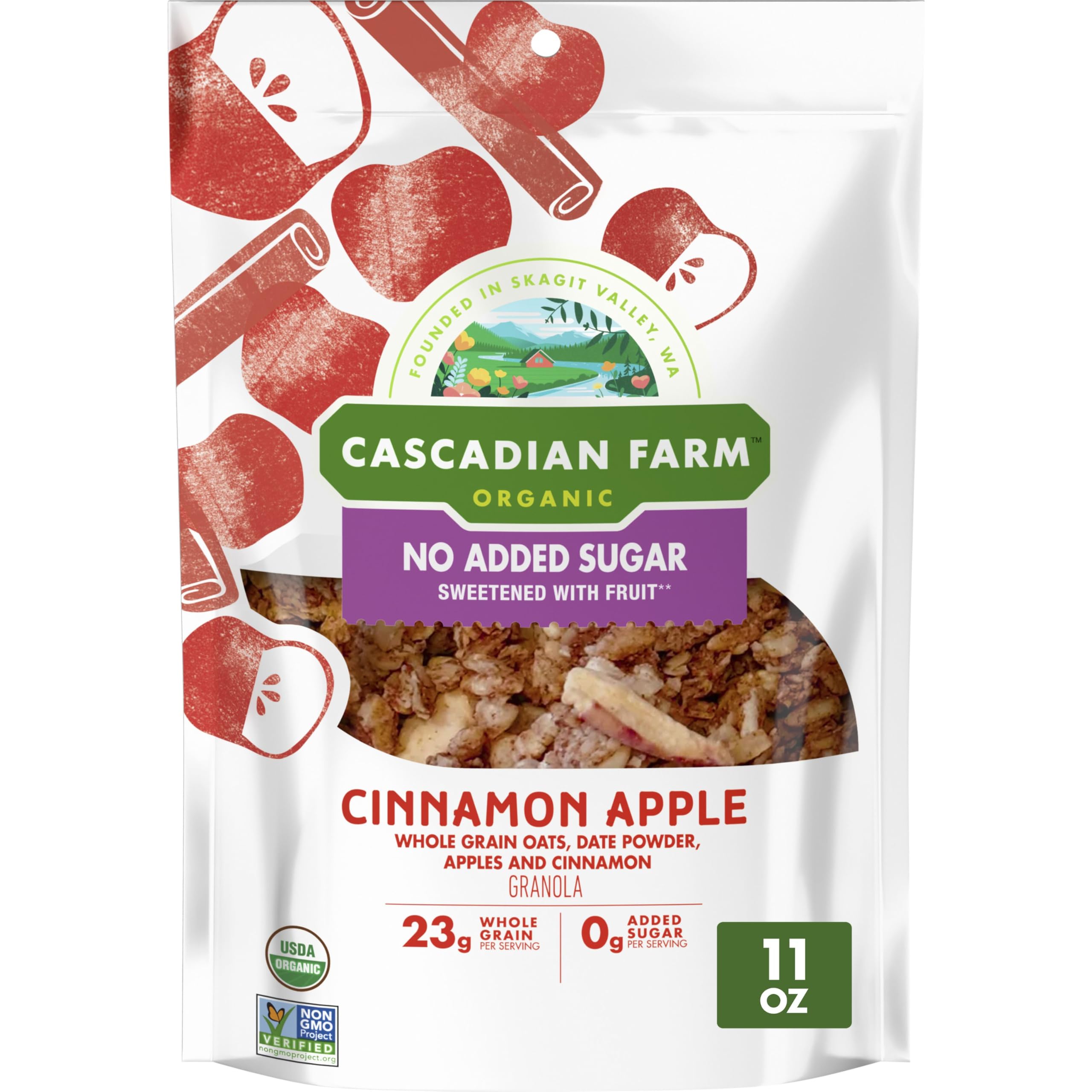 Cascadian Farm No Added Sugar Cinnamon Apple Granola package, ideal for a healthy breakfast.