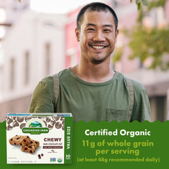 Close-up of Cascadian Farm Organic Chewy Granola Bars showing chips and chewy texture for on-the-go snacking.