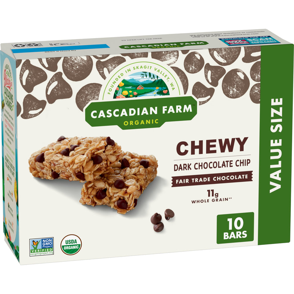Cascadian Farm Organic Chewy Granola Bars with dark chocolate chips in value-size packaging for easy stocking.
