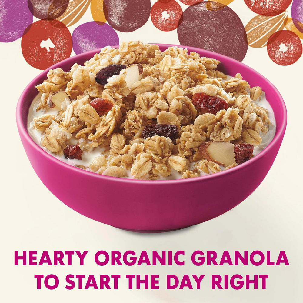 Open resealable pouch showing granola ready for quick breakfast on the go.
