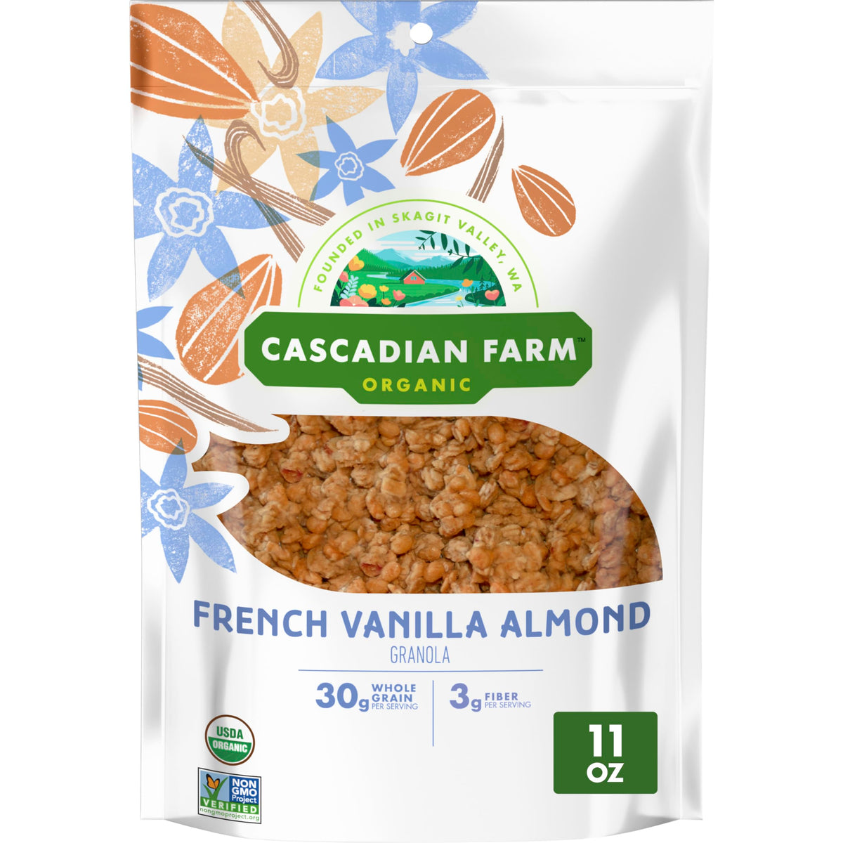 Cascadian Farm organic granola vanilla almond pouch ready for breakfast or snacking.