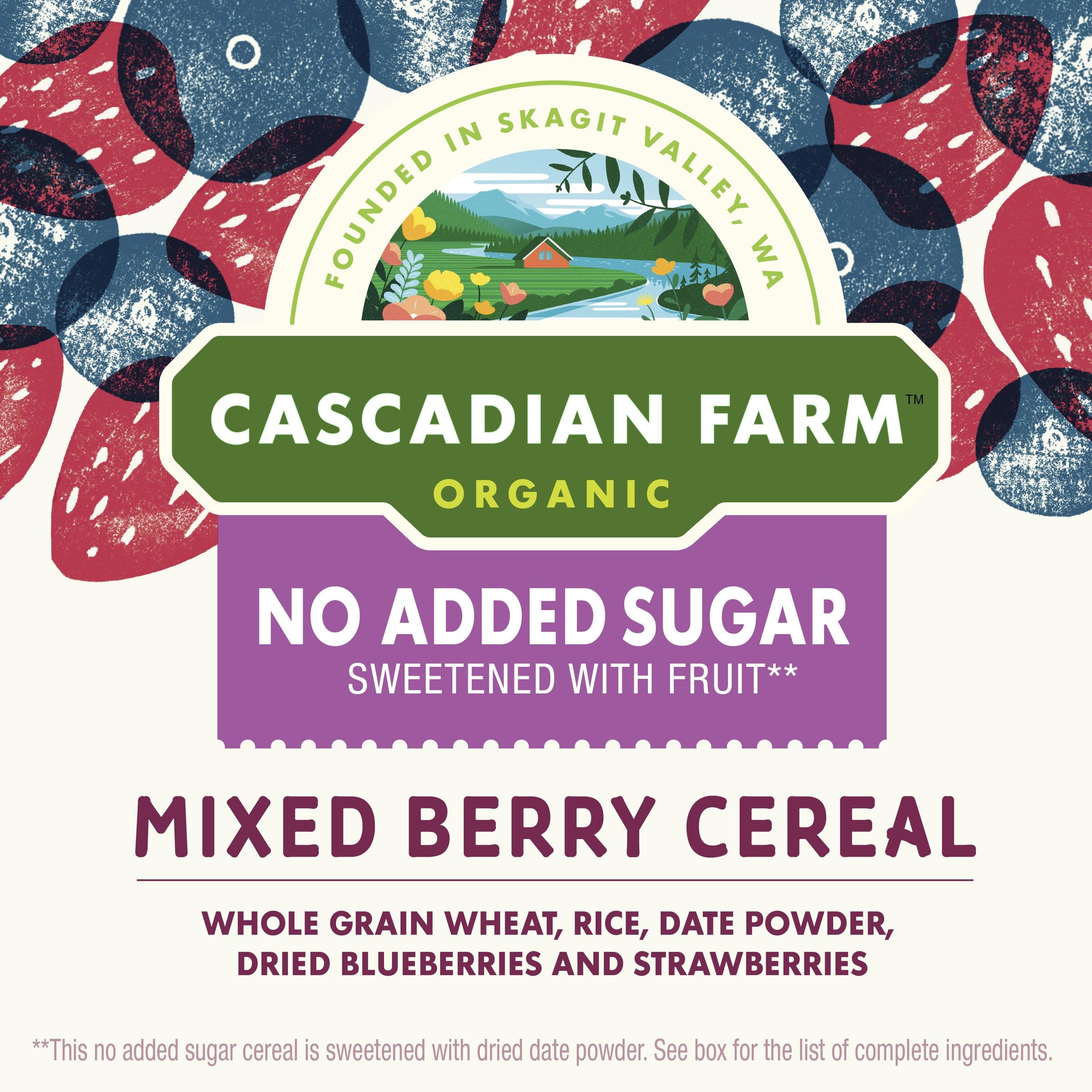 Cascadian Farm Organic No Added Sugar Cereal packaging emphasizes USDA Organic and Non-GMO.