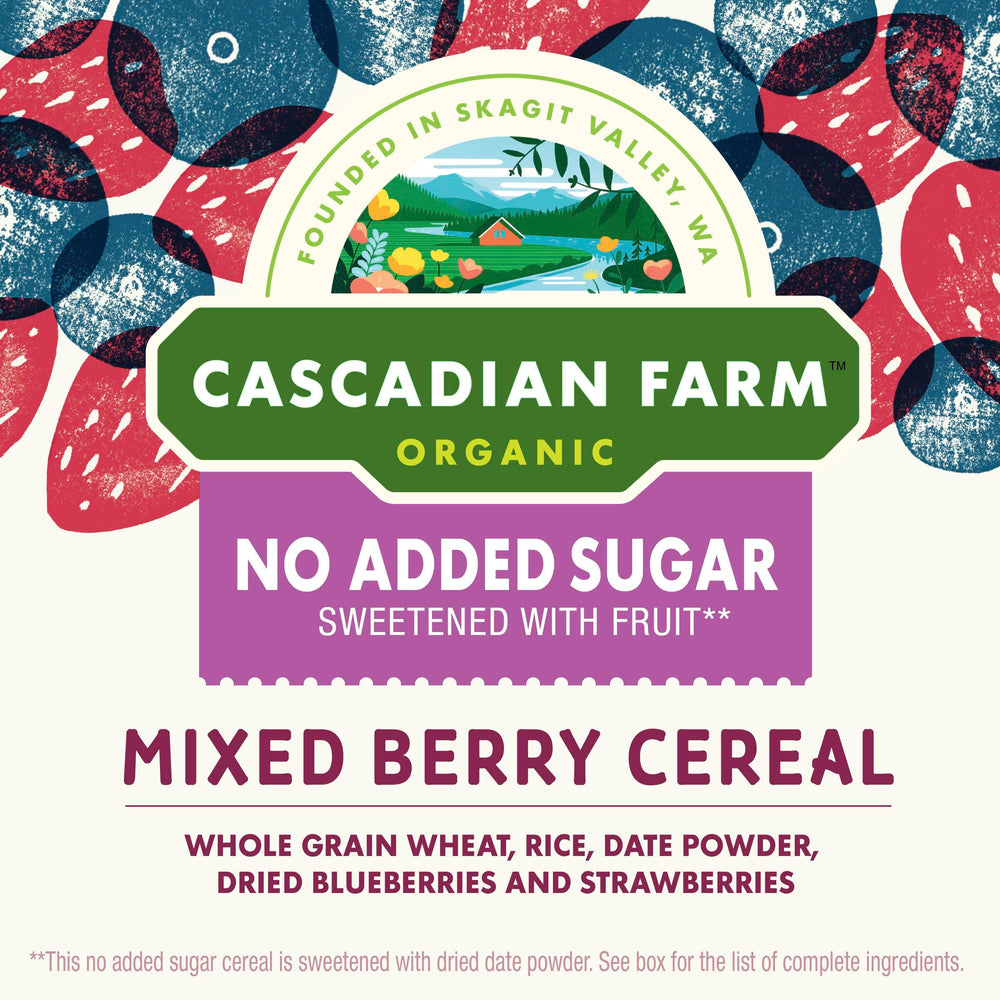 Cascadian Farm Organic No Added Sugar Cereal packaging emphasizes USDA Organic and Non-GMO.