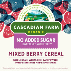 Cascadian Farm Organic No Added Sugar Cereal packaging emphasizes USDA Organic and Non-GMO.