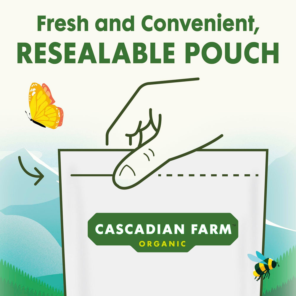 Resealable pouch keeps Cascadian Farm granola fresh and crunchy.