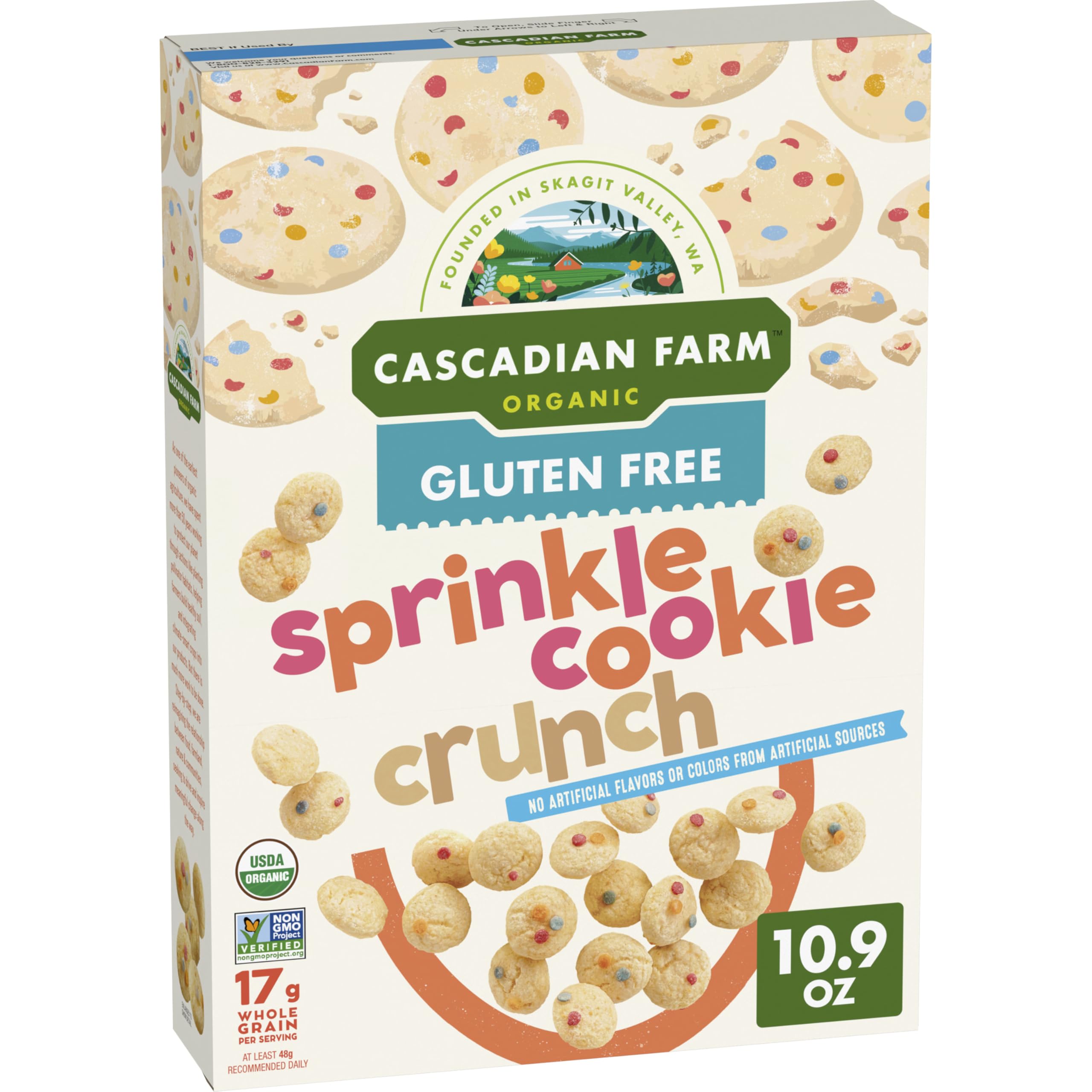 Cascadian Farm Sprinkle Cookie Crunch cereal in a bowl with colorful sprinkles for a fun, wholesome breakfast.