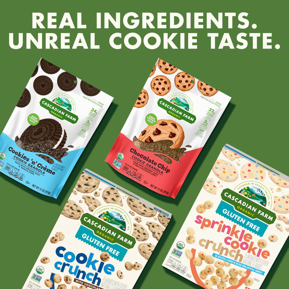 Cascadian Farm Sprinkle Cookie Crunch cereal organic non-GMO labeling supports transparent, clean ingredient choices.