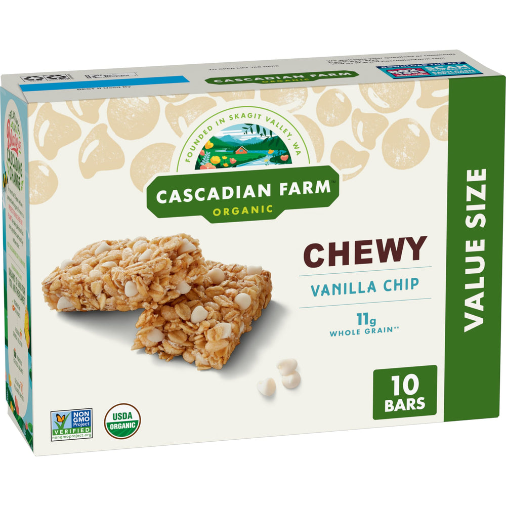 Cascadian Farm vanilla chip chewy granola bar unwrapped, ideal for on-the-go snacking.