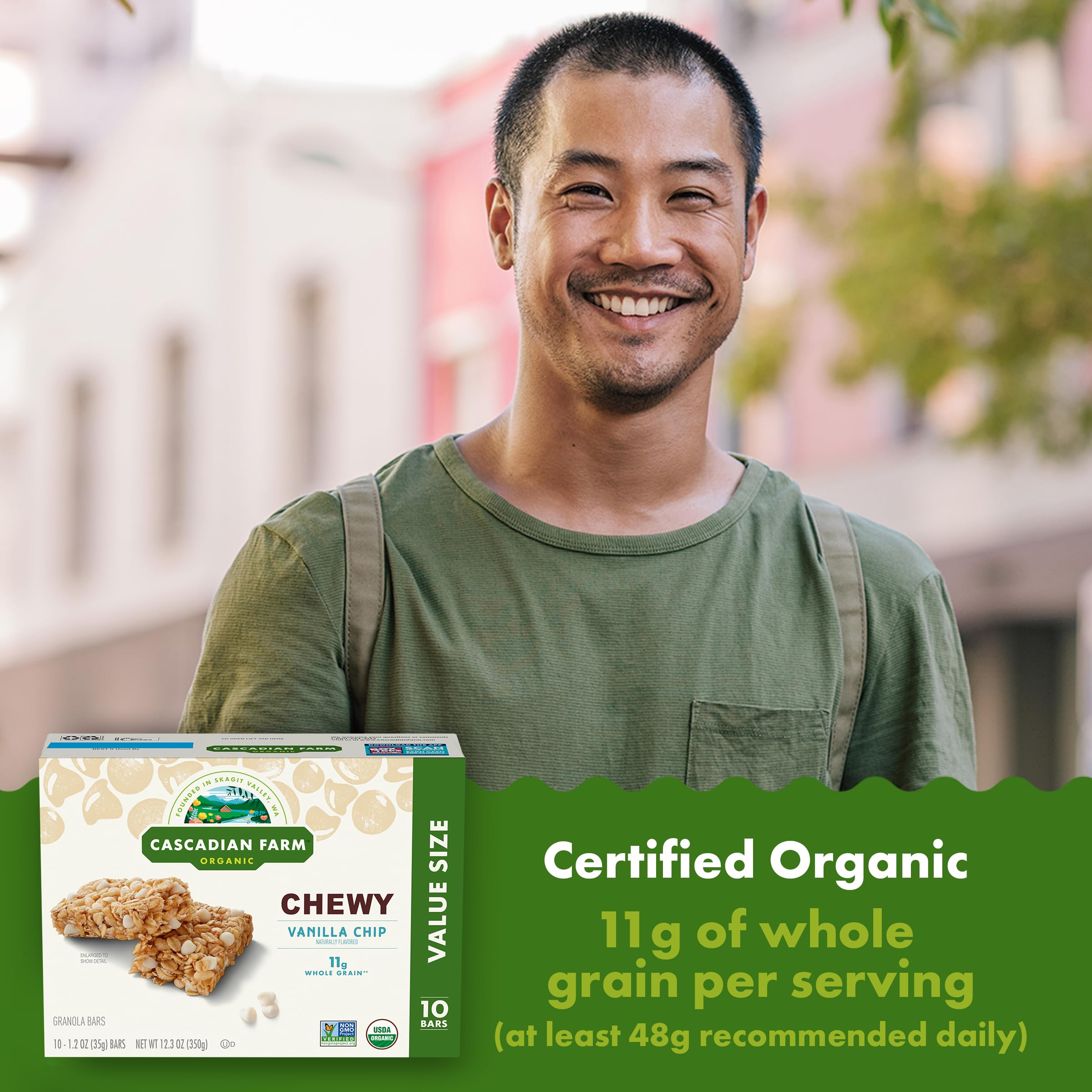 Cascadian Farm vanilla chip granola bar on-the-go pack, perfect for busy mornings.