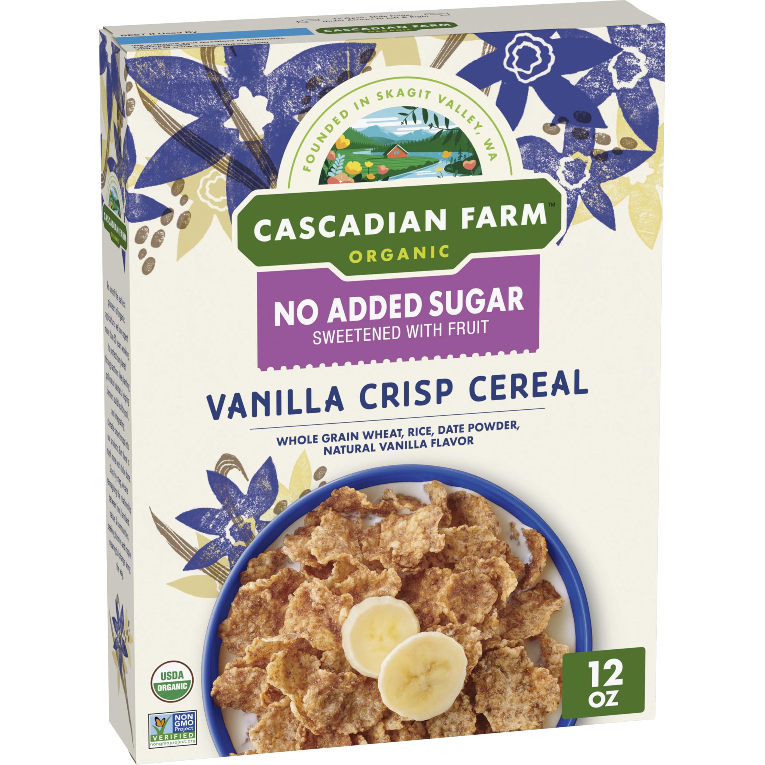 Cascadian Farm Vanilla Crisp cereal packaging showing organic no added sugar claim