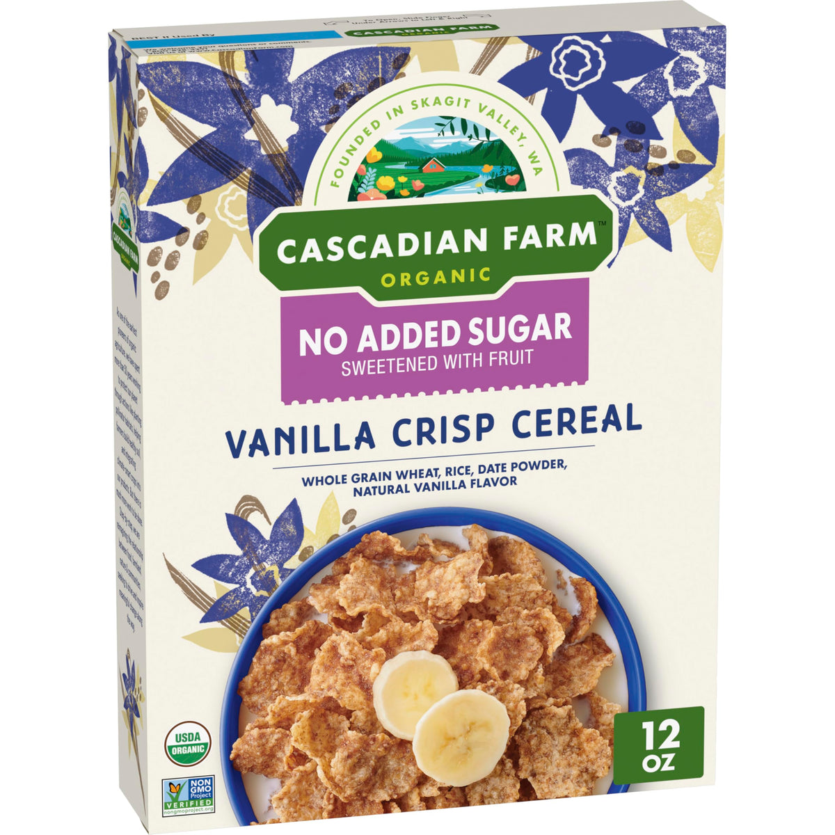 Cascadian Farm Vanilla Crisp cereal packaging showing organic no added sugar claim