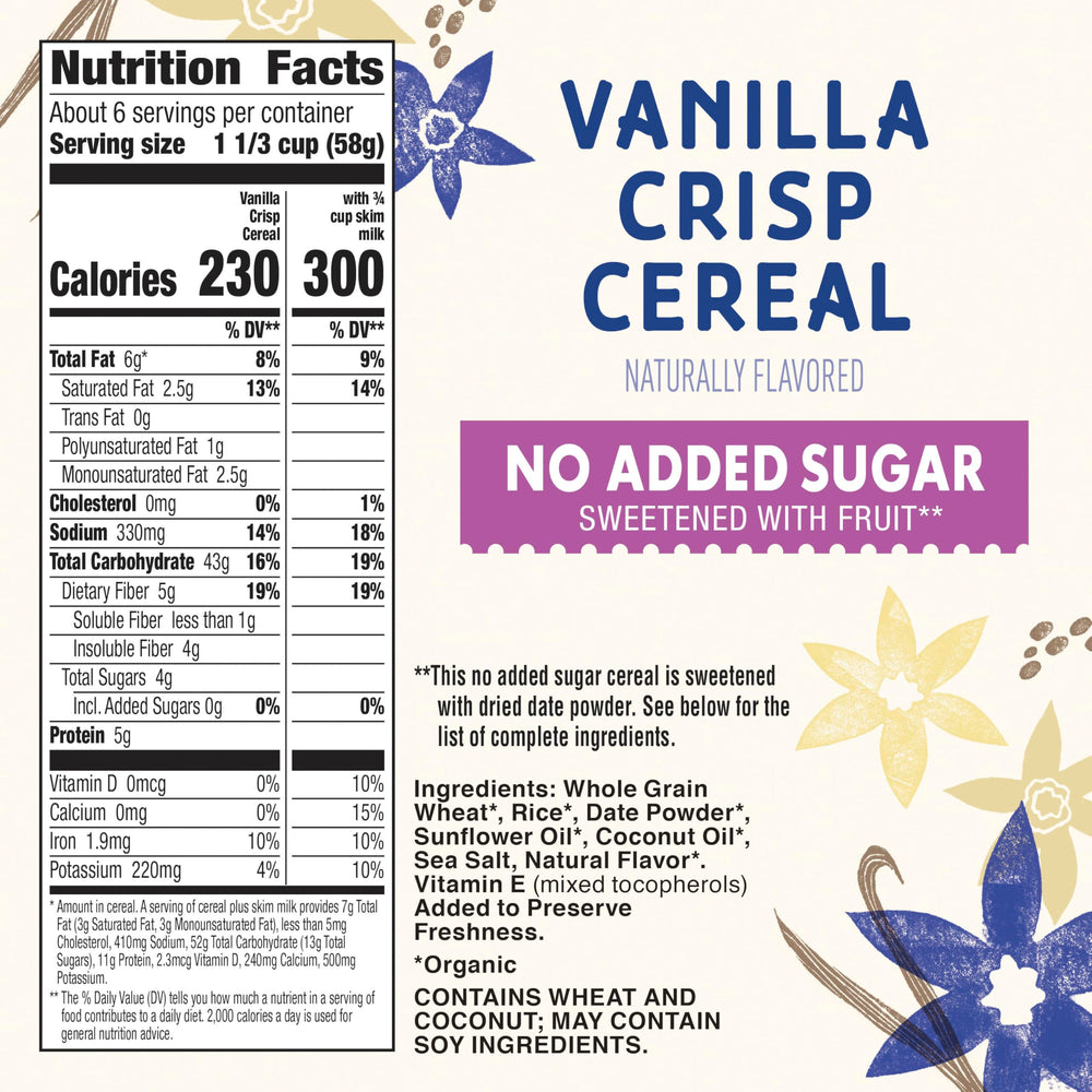 Cascadian Farm Vanilla Crisp cereal in a bowl with milk