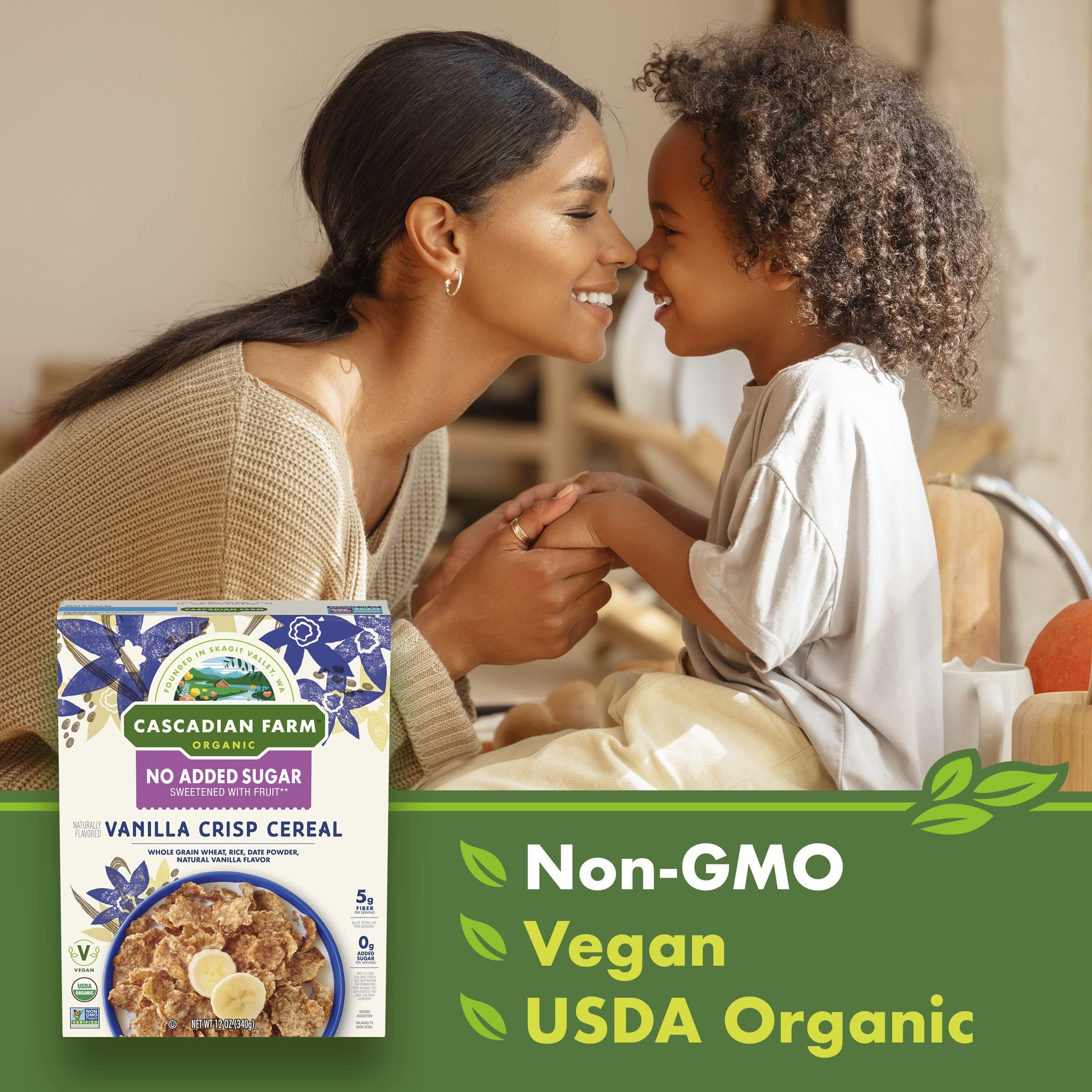 Organic and vegan Cascadian Farm Vanilla Crisp cereal on table