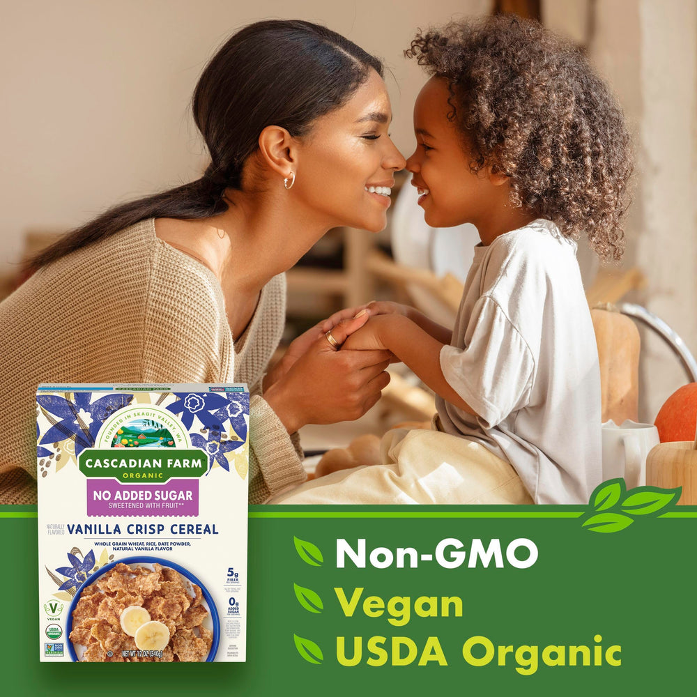 Organic and vegan Cascadian Farm Vanilla Crisp cereal on table