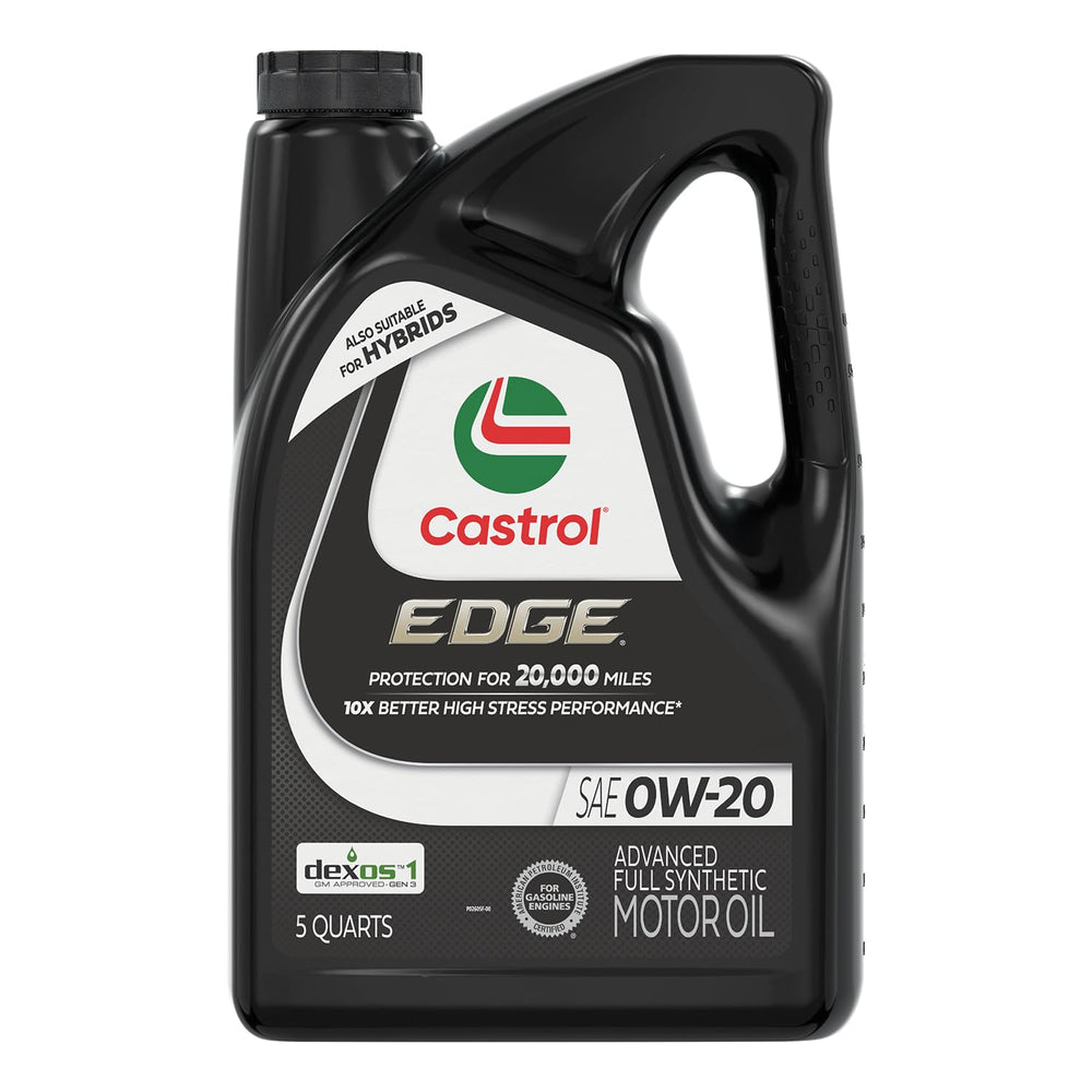 Castrol EDGE 0W-20 bottle pour shows smooth cold-start lubrication.