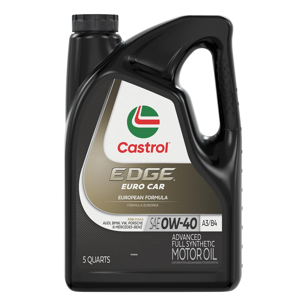 Castrol EDGE Euro 0W-40 bottle close-up showing high-performance protection for European engines