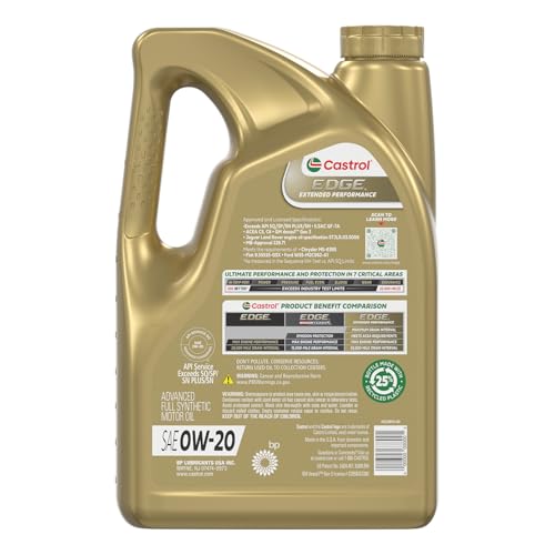A 5-quart Castrol EDGE Extended Performance 0W-20 container
