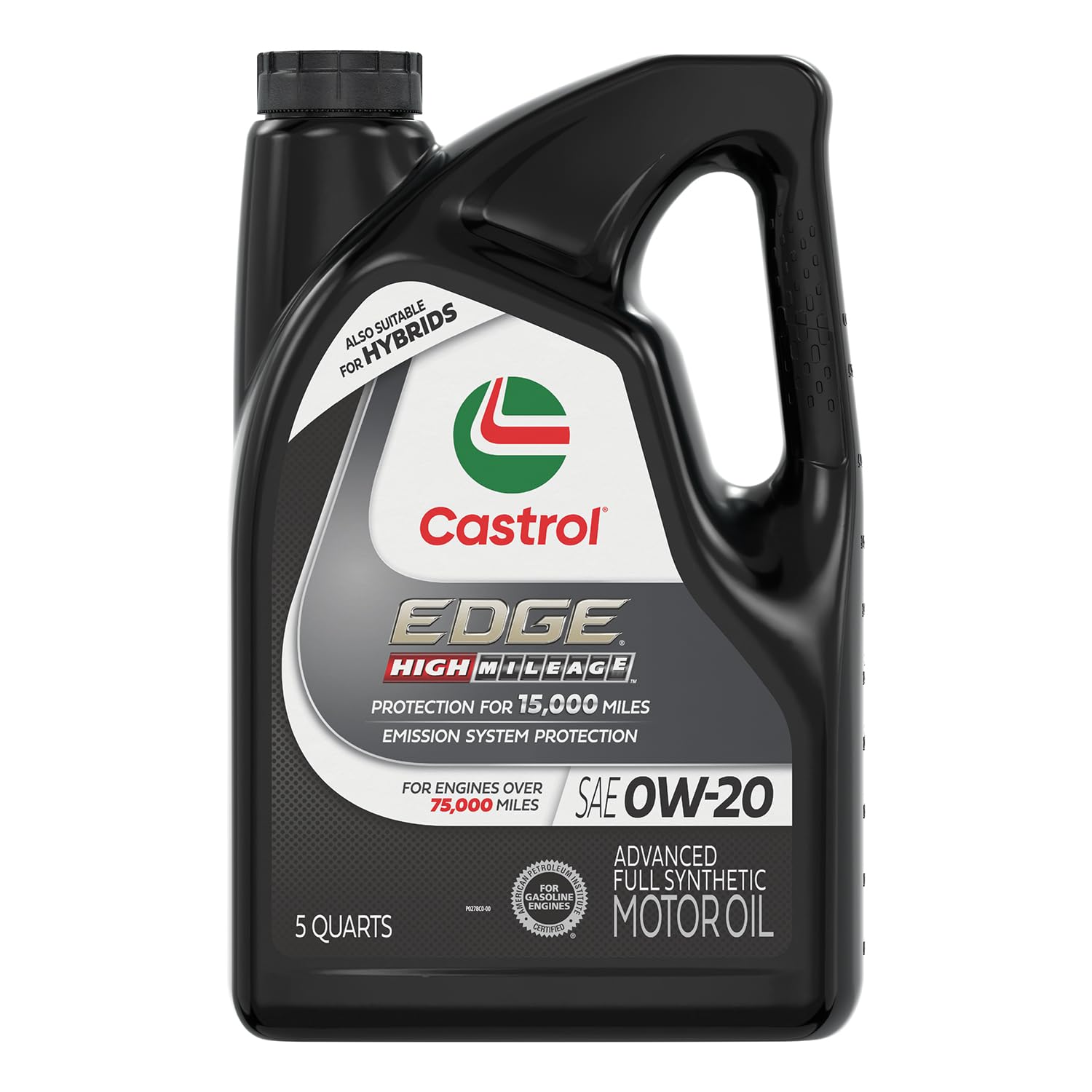Castrol EDGE High Mileage 0W-20 bottle closeup highlighting premium full synthetic protection