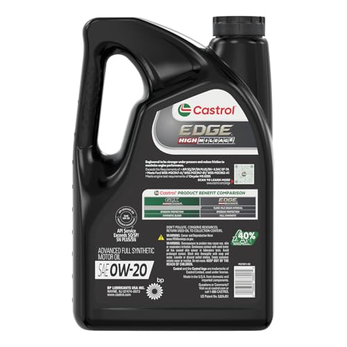 Castrol EDGE High Mileage 0W-20 label closeup showing specifications and technology