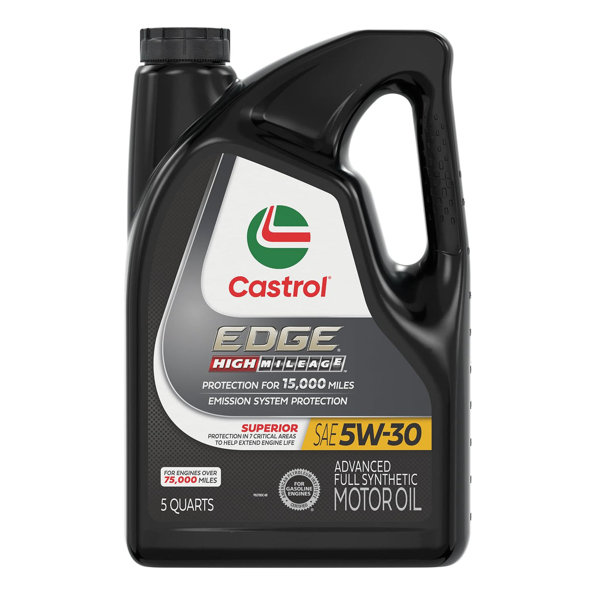 Castrol EDGE High Mileage 5W-30 bottle highlighting premium oil for high-mileage engines.