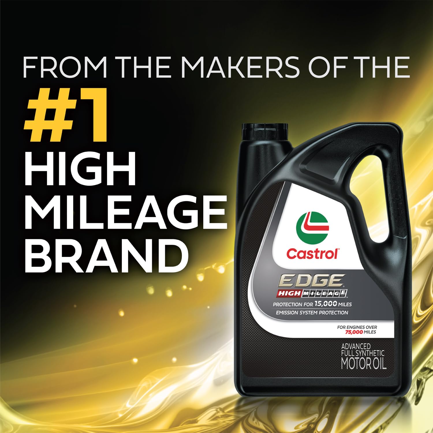 Castrol EDGE high-mileage bottle frame highlights anti-leak performance for daily driving.