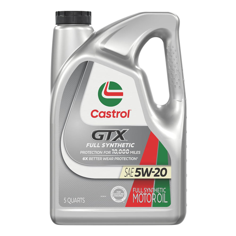 Castrol GTX Full Synthetic 5W-20 oil bottle showing reliable packaging for engine protection.