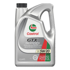 Castrol GTX Full Synthetic 5W-20 oil bottle showing reliable packaging for engine protection.