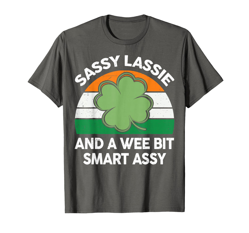 CAT St Patrick's Day Sassy Lassie T-shirt with shamrock graphic for festive wear and casual fun.