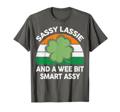 CAT St Patrick's Day Sassy Lassie T-shirt with shamrock graphic for festive wear and casual fun.