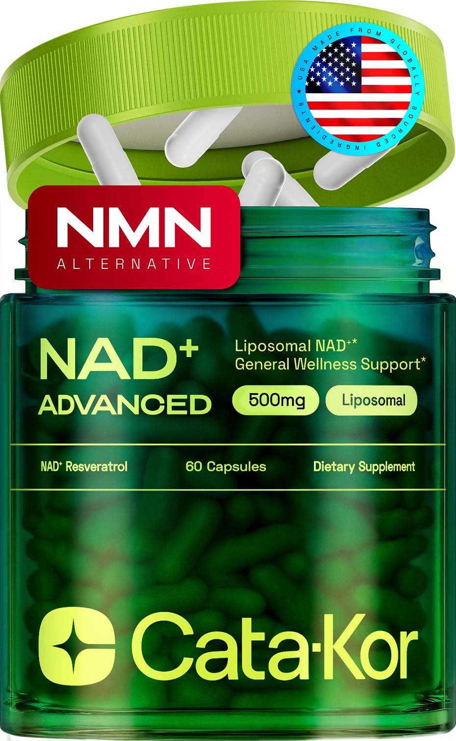 Cata-Kor Liposomal NAD bottle showing branding and daily energy support